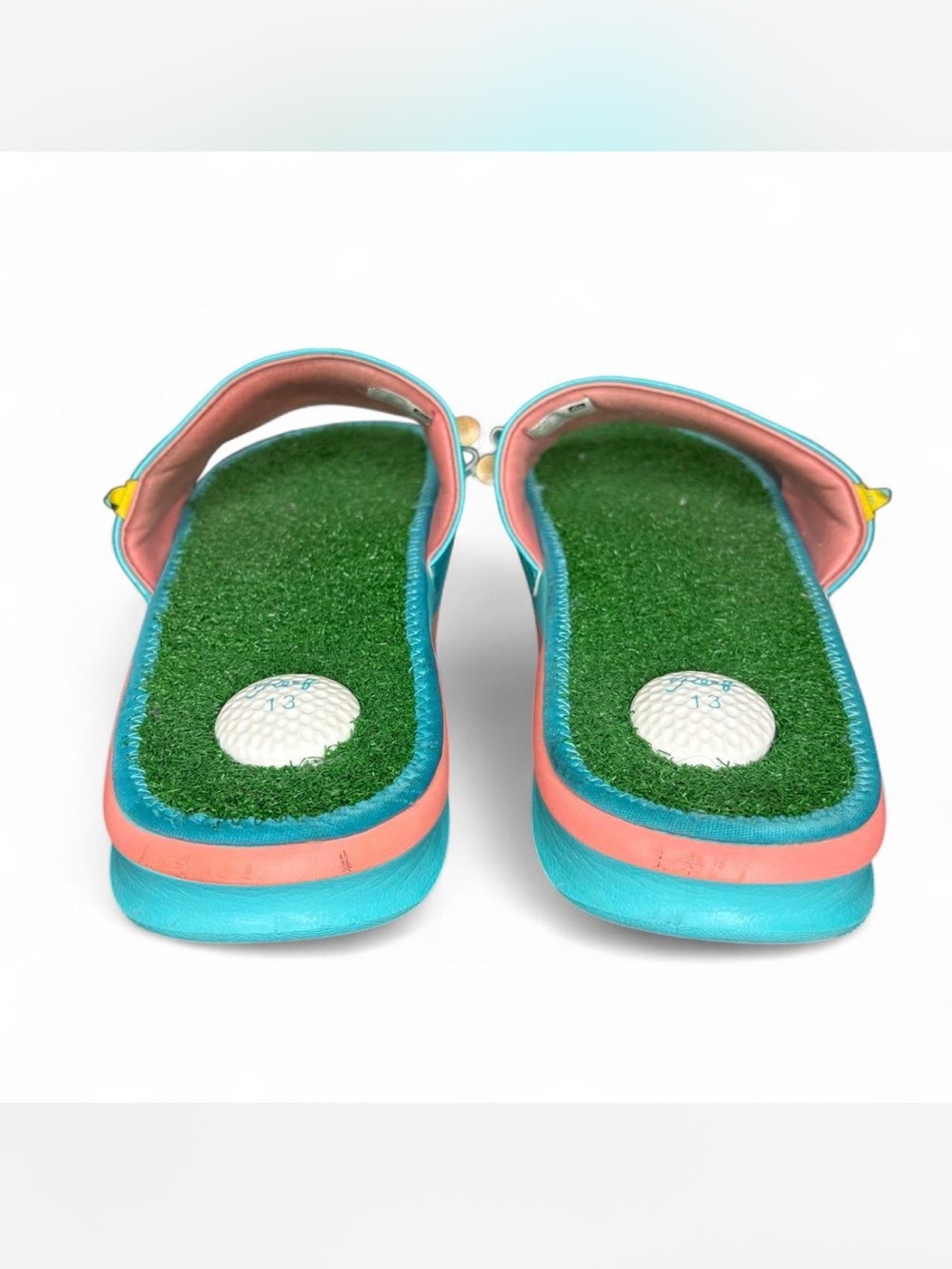 Reef Mulligan Golf Slide Sandals Size US 13 Blue with Floral Trim and Golf Ball - Picture 4 of 8